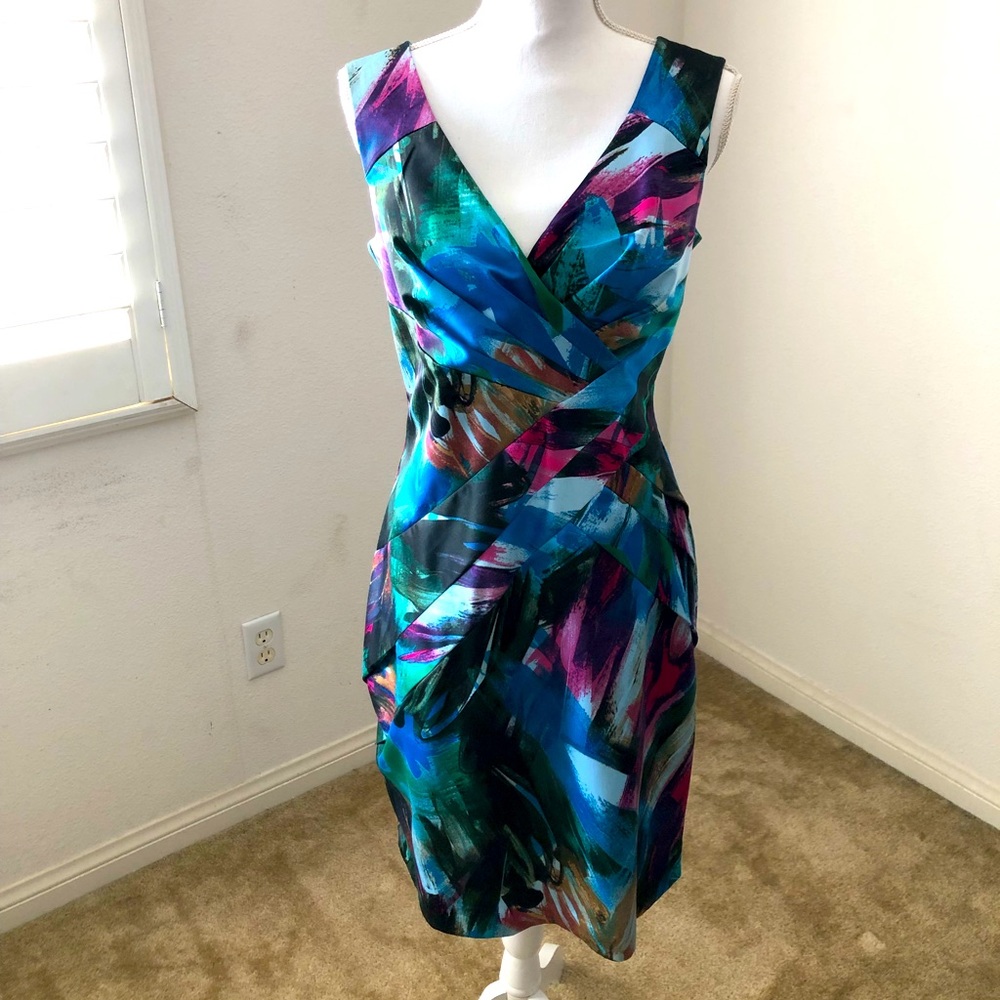 A multicolored knee length dress